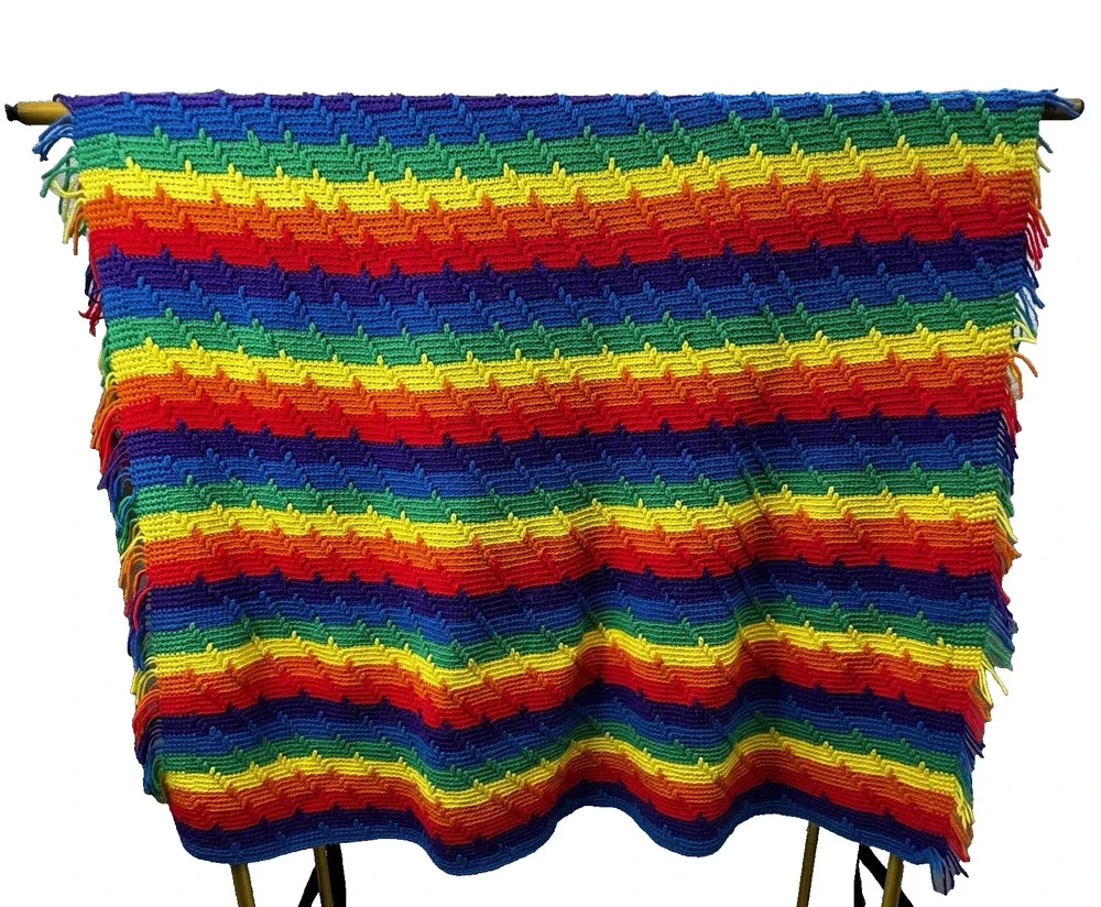 Rainbow Striped Granny Blanket Vintage Crochet Throw 4x5.5ft